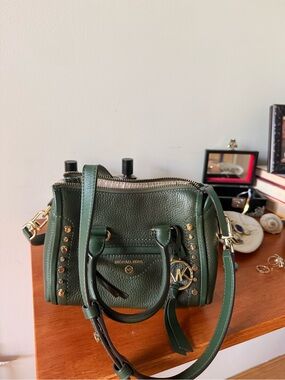 Michael Kors Dark Green Pebbled Leather Satchel with Gold Hardware